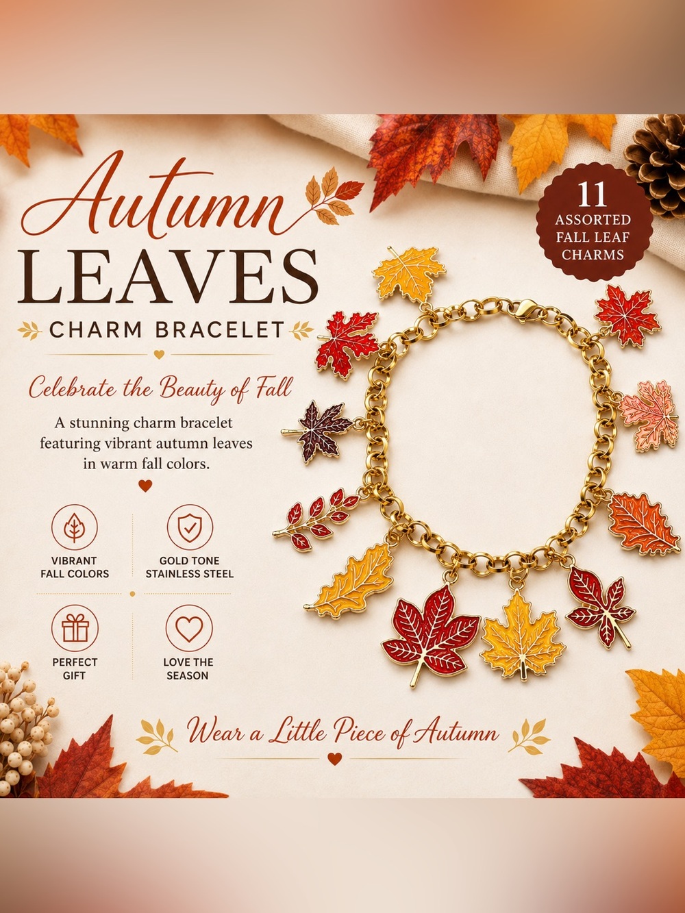 Autumn Leaves Charm Bracelet Gold Fall